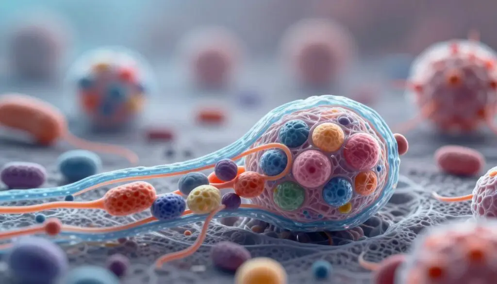 A detailed and vivid illustration of a cell nucleus and its structures, prominently featuring the double membrane, nucleolus, and chromatin. In the foreground, capture the vibrant colors of the organelles with crystalline clarity, emphasizing the complex shapes and interconnections. In the middle ground, depict a detailed view of the cytoplasm, showcasing various cellular structures such as mitochondria and ribosomes, bathed in soft, diffused lighting to emphasize depth and texture. In the background, create a blurred representation of other cellular components, enhancing the focus on the nucleus. Use a macro lens perspective to present intricate details, with a scientific, informative atmosphere. The overall mood should be enlightening and engaging, ideal for an educational context in biology.