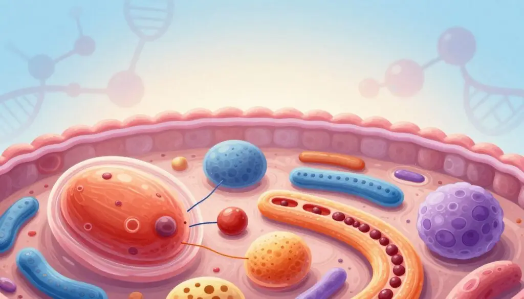 A detailed, educational illustration showcasing a plant or animal cell and its organelles. In the foreground, vibrant, labeled organelles such as the nucleus, mitochondria, endoplasmic reticulum, and Golgi apparatus are depicted in rich colors, providing clarity on their structure and function. The middle ground features a semi-transparent cell membrane, emphasizing its protective role. The background is a subtle gradient of scientific imagery, perhaps with faint molecular structures or DNA strands, enhancing the biological theme. Soft, diffused lighting creates a clear, enlightening atmosphere, while a slight top-down angle focuses on the intricate details of the organelles. The overall mood is informative and engaging, perfect for a scientific article.