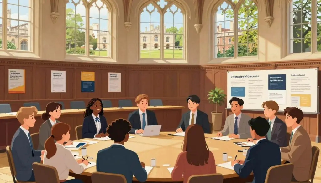 A detailed illustration of the University of Cambridge recruitment process. In the foreground, a diverse group of students in professional business attire engaged in a discussion, visibly enthusiastic about applying to the university. In the middle, an elegant lecture hall filled with historic architecture, showcasing iconic elements like arches and wooden paneling, with images of admission brochures and informational materials on tables. In the background, large windows letting in soft, natural light, revealing the picturesque Cambridge campus and lush greenery outside, contributing to a serene and aspirational atmosphere. The image should evoke a sense of hope and determination among the candidates, with a warm, inviting color palette and an open, bright composition.