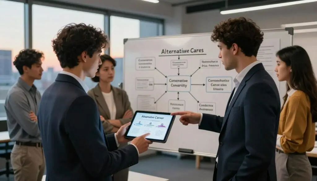 A diverse group of young professionals standing in a modern office setting, deep in discussion about alternative career paths after law school. In the foreground, feature two individuals—one in professional business attire and another in smart casual clothing—pointing at a digital tablet showing various career options like consultancy, entrepreneurship, and academia. In the middle ground, showcase a large whiteboard filled with mind maps and diagrams outlining these alternative paths. The background includes a panoramic window with a city skyline at dusk, casting a warm, inviting glow into the room. The atmosphere is dynamic and collaborative, suggesting innovation and exploration. Use soft, natural lighting to enhance the professional yet creative mood of the scene. A diverse group of young professionals standing in a modern office setting, deep in discussion about alternative career paths after law school. In the foreground, feature two individuals—one in professional business attire and another in smart casual clothing—pointing at a digital tablet showing various career options like consultancy, entrepreneurship, and academia. In the middle ground, showcase a large whiteboard filled with mind maps and diagrams outlining these alternative paths. The background includes a panoramic window with a city skyline at dusk, casting a warm, inviting glow into the room. The atmosphere is dynamic and collaborative, suggesting innovation and exploration. Use soft, natural lighting to enhance the professional yet creative mood of the scene.
