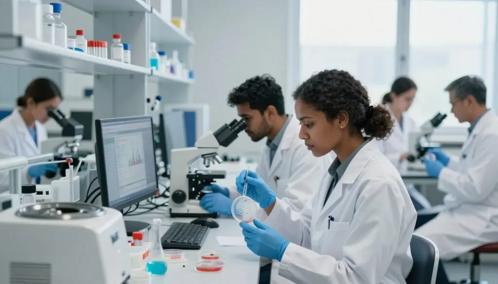 A diverse team of forensic biologists in a modern laboratory, engaged in their work analyzing DNA samples and biological evidence. In the foreground, a scientist, a woman of Black descent in a lab coat, examines a petri dish, while another scientist, a South Asian man, looks through a microscope. In the middle ground, a computer screen displays various biological data and graphs, while laboratory equipment like centrifuges and test tubes populate the workspace. The background should feature shelves lined with scientific books and tools, illuminated by bright, natural light coming from large windows. The atmosphere is focused and professional, emphasizing the critical nature of forensic biology work in criminal justice. The lighting is bright and clinical, enhancing the detailed textures of the lab environment. A diverse team of forensic biologists in a modern laboratory, engaged in their work analyzing DNA samples and biological evidence. In the foreground, a scientist, a woman of Black descent in a lab coat, examines a petri dish, while another scientist, a South Asian man, looks through a microscope. In the middle ground, a computer screen displays various biological data and graphs, while laboratory equipment like centrifuges and test tubes populate the workspace. The background should feature shelves lined with scientific books and tools, illuminated by bright, natural light coming from large windows. The atmosphere is focused and professional, emphasizing the critical nature of forensic biology work in criminal justice. The lighting is bright and clinical, enhancing the detailed textures of the lab environment.