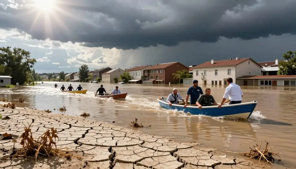 A dramatic scene depicting the consequences of extreme heat and flooding in Europe. In the foreground, a cracked earth landscape under a scorching sun, with dried plants wilting. Middle ground features a flooded urban area, showcasing submerged buildings and streets, while resilient residents in professional attire are navigating the water with determination, using makeshift boats. The background presents a stark contrast with dark storm clouds gathering above, hinting at climate change implications. The lighting is harsh and bright in the foreground, transitioning to darker, ominous shades in the background. The overall mood is one of urgency and resilience against climate challenges, highlighting the pressing issue of climate change on society and the economy.