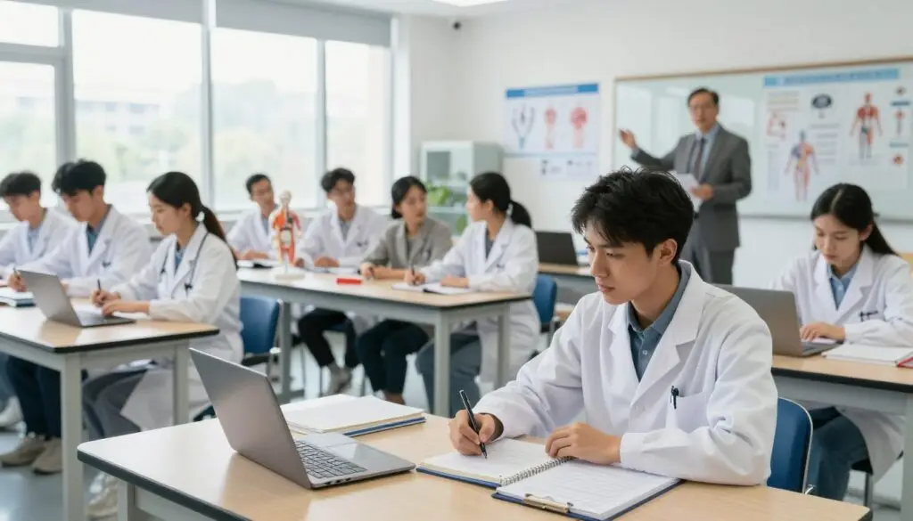 A dynamic scene inside a modern medical school classroom. In the foreground, a focused student wearing a white lab coat, seated at a desk covered with textbooks and a laptop, diligently taking notes. In the middle ground, a diverse group of students engaged in discussions, some examining a human anatomy model, while others collaborate on a project. The background features large windows allowing natural light to flood the room, illuminating charts and medical posters on the walls. A professor, dressed in professional attire, stands at the front, passionately explaining a complex topic. The atmosphere is one of collaboration, ambition, and inspiration, embodying the journey of becoming a doctor. The angle is slightly low to capture the energy of the students while showcasing the depth of the learning environment.