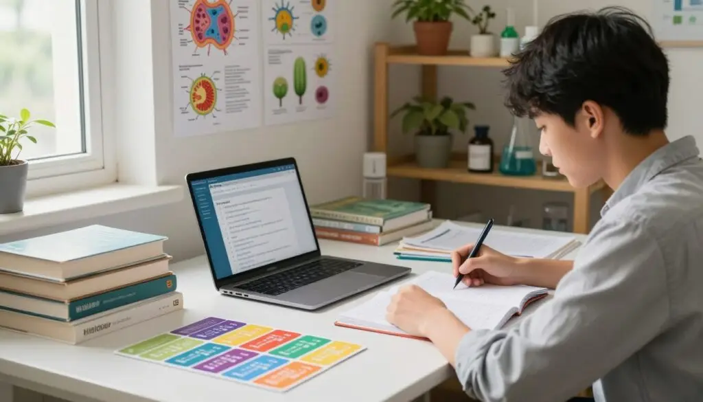 A focused student surrounded by biology textbooks and study materials on a clean, organized desk. In the foreground, vibrant color-coded flashcards and a laptop display a biology quiz app. The middle ground features a wall adorned with charts of cellular structures and diagrams of ecosystems. Soft natural light filters through a nearby window, illuminating the scene and creating a warm, inviting atmosphere. The background shows a shelf filled with plant specimens and lab equipment, symbolizing the depth of biological study. The student, dressed casually yet professionally, is reviewing notes intently, conveying determination and focus. The overall mood is one of diligence and readiness, perfectly illustrating effective preparation for biology exams.