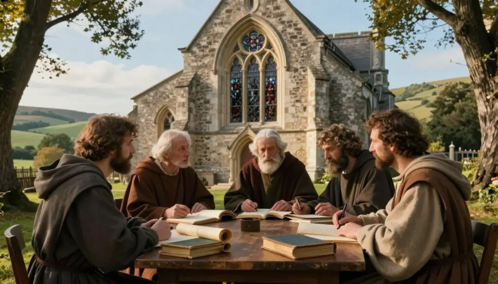 A historic scene illustrating the role of the church in the development of education during the Middle Ages. In the foreground, a group of four scholars in modest, traditional clothing, engaged in animated discussion around a wooden table stacked with ancient scrolls and books. In the middle ground, a stone church with arched windows and intricate stained glass, symbolizing the influence of religion on education. The backdrop features a lush, serene landscape, with rolling hills and a soft blue sky. The lighting is warm and inviting, suggesting late afternoon, with golden rays filtering through the trees. The atmosphere is contemplative and scholarly, evoking a sense of reverence for learning and spiritual guidance. A historic scene illustrating the role of the church in the development of education during the Middle Ages. In the foreground, a group of four scholars in modest, traditional clothing, engaged in animated discussion around a wooden table stacked with ancient scrolls and books. In the middle ground, a stone church with arched windows and intricate stained glass, symbolizing the influence of religion on education. The backdrop features a lush, serene landscape, with rolling hills and a soft blue sky. The lighting is warm and inviting, suggesting late afternoon, with golden rays filtering through the trees. The atmosphere is contemplative and scholarly, evoking a sense of reverence for learning and spiritual guidance.