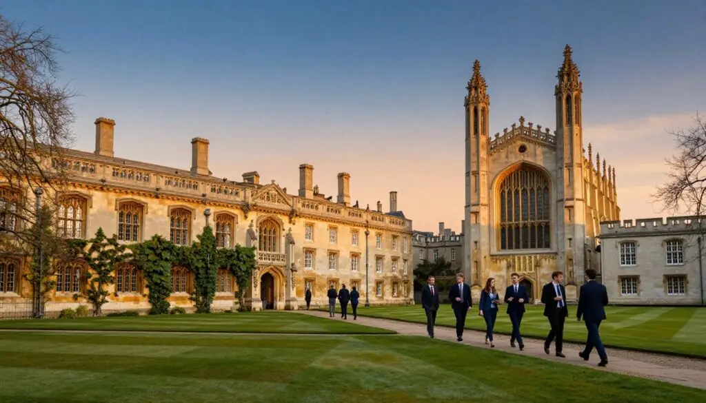 A historic view of the University of Cambridge, showcasing its iconic architecture and serene atmosphere. In the foreground, a well-maintained pathway lined with vibrant green grass, leading towards a majestic college building with intricate gothic details, adorned with ivy. The middle ground features students in professional business attire walking and engaging in thoughtful conversation, immersed in the scholarly environment. The background reveals the iconic King's College with its towering chapel, illuminated by soft golden hour light that enhances the warmth of the stone. The sky is a gradient of deep blue transitioning to warm orange, evoking an inspiring and scholarly mood. The composition captures the essence of tradition, academia, and the distinguished history of the University of Cambridge.