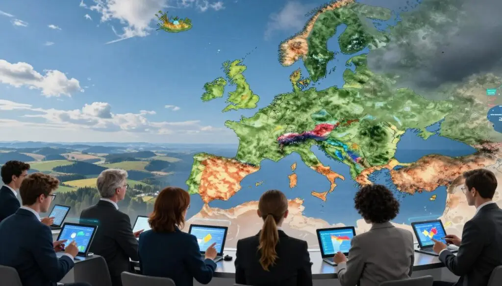 A historical analysis of climate trends in Europe, focusing on a detailed and visually engaging representation. In the foreground, a diverse group of scientists and researchers, dressed in professional business attire, engage with data on climate change displayed on digital tablets and holographic interfaces. In the middle ground, a large, interactive map showcasing different climatic zones in France, Denmark, and Switzerland, with animated indicators illustrating past and future climate trends. The background features a horizon of European landscapes—rolling hills, forests, and coastal areas, under a dynamic sky transitioning from bright blue to stormy grey, symbolizing climate variability. Use soft, natural lighting to create a thoughtful and serious atmosphere, with a slightly elevated camera angle for an inclusive perspective on the scene.