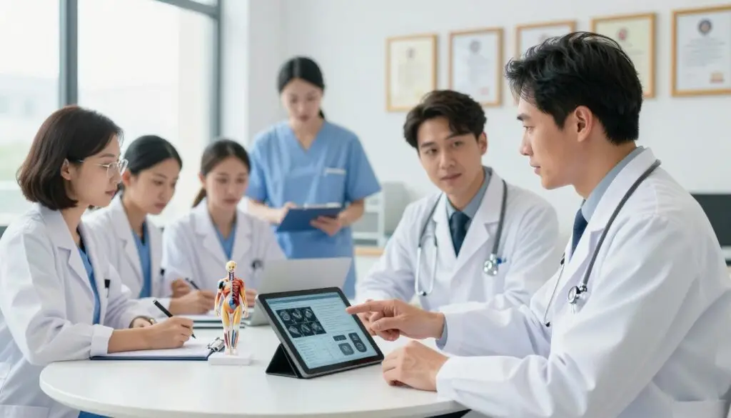 A medical specialization scene featuring a diverse group of healthcare professionals engaged in discussion and decision-making about their specialties. In the foreground, a male doctor in a crisp white lab coat, with a stethoscope around his neck, is pointing at a digital tablet displaying charts and medical images. Beside him, a female doctor in professional attire, with short hair and glasses, is listening intently, jotting down notes. In the middle ground, other medical staff collaborate at a round table covered with medical books and anatomy models. The background shows a well-lit, modern hospital setting with framed diplomas and medical awards on the walls, creating a professional atmosphere. Soft, natural lighting coming from large windows conveys hope and determination, emphasizing the serious yet inspiring nature of medical specialization and residency choices.