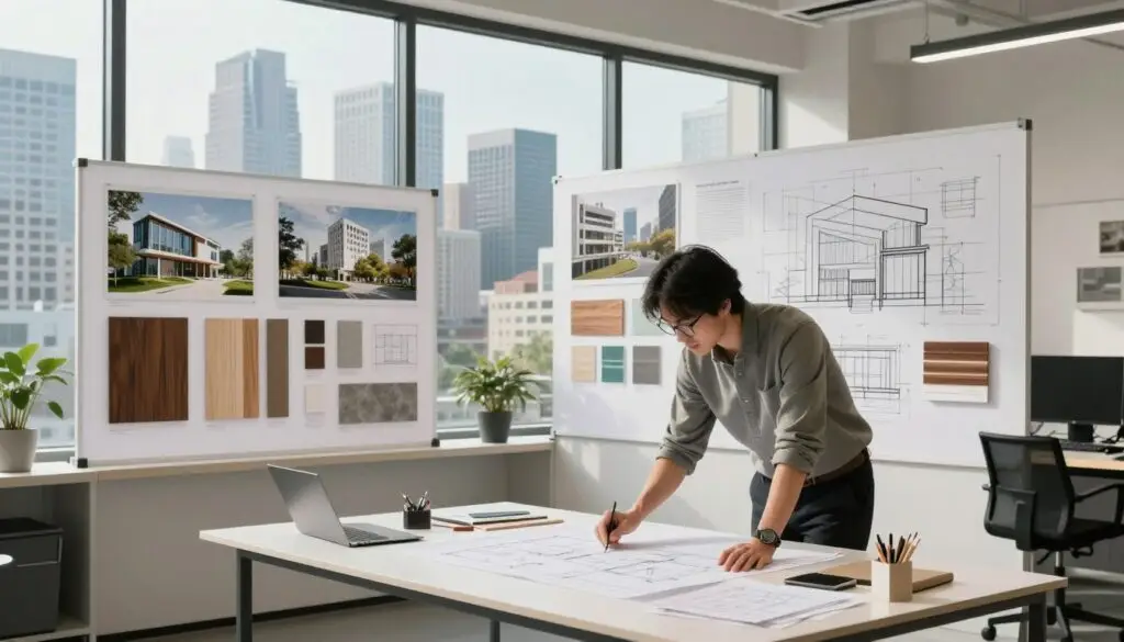 A modern architectural studio scene showcasing different architectural specializations and their influence on salary. In the foreground, a professional architect in smart casual attire is analyzing blueprints on a sleek, minimalistic desk, surrounded by design materials and tools. The middle ground features large mood boards representing various architectural styles, such as modern, sustainable, and urban designs, with samples of materials like wood, concrete, and glass. The background displays a large window with a view of a vibrant city skyline, adorned with contemporary buildings. Soft, natural lighting floods the studio, creating an inspiring atmosphere. The image captures the essence of architectural specialization and its correlation with professional success.