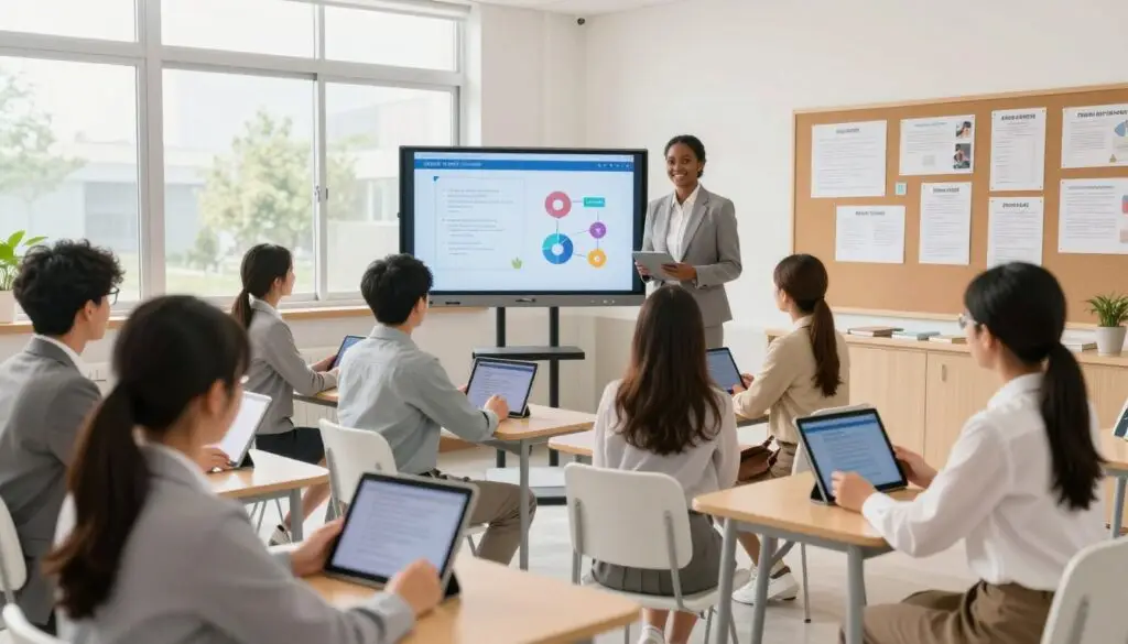 A modern classroom scene illustrating the reforms in education and the modernization of school systems. In the foreground, a diverse group of students, dressed in professional attire, actively engage with digital tablets, showcasing contemporary learning tools. In the middle ground, a teacher of diverse background addresses the class, surrounded by modern educational materials and interactive whiteboards. The classroom features large windows allowing natural light to flood in, creating a bright and welcoming atmosphere. In the background, a bulletin board displays innovative teaching methods and posters of educational guidelines. The overall mood is one of collaboration, enthusiasm, and inspiration, symbolizing the evolution of education. The image should be bright and well-lit, with a warm color palette to convey positivity and progress in education. A modern classroom scene illustrating the reforms in education and the modernization of school systems. In the foreground, a diverse group of students, dressed in professional attire, actively engage with digital tablets, showcasing contemporary learning tools. In the middle ground, a teacher of diverse background addresses the class, surrounded by modern educational materials and interactive whiteboards. The classroom features large windows allowing natural light to flood in, creating a bright and welcoming atmosphere. In the background, a bulletin board displays innovative teaching methods and posters of educational guidelines. The overall mood is one of collaboration, enthusiasm, and inspiration, symbolizing the evolution of education. The image should be bright and well-lit, with a warm color palette to convey positivity and progress in education.