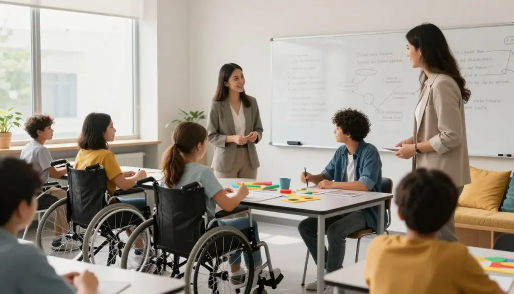 A modern classroom setting focused on teaching methods and support programs for high school students with special needs. In the foreground, a diverse group of students, including a young girl in a wheelchair and two students interacting with a teacher, are engaged in a hands-on activity with colorful educational materials. The middle ground features a whiteboard displaying visual aids and clear instructions, while a cozy reading corner can be seen to the side with books and cushions. The background shows large windows allowing soft, natural light to pour in, creating a warm and inviting atmosphere. The scene evokes a sense of collaboration, support, and innovative learning, with professional adults dressed in smart casual attire guiding the students. Focus on capturing an uplifting and encouraging environment suited for diverse learning styles.