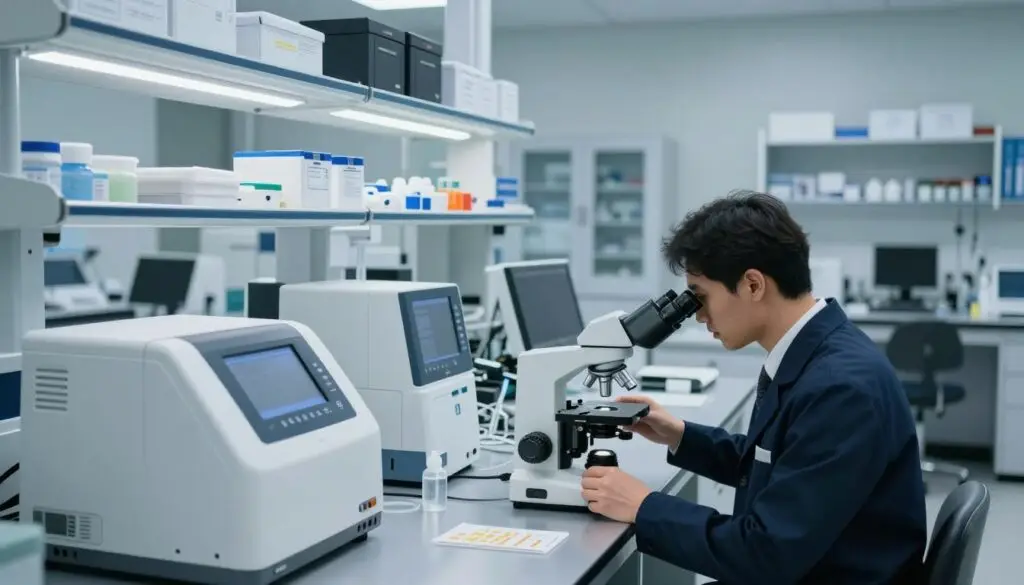 A modern forensic laboratory, vividly showcasing advanced technology and scientific equipment. In the foreground, a professional in business attire meticulously examines evidence under a bright microscope, reflecting a serious focus. The middle ground features various laboratory tools and machines, such as DNA sequencers and analytical instruments, arranged neatly on stainless steel countertops. In the background, shelves filled with labeled evidence boxes line the walls, illuminated by soft, overhead LED lighting that creates a sterile, focused environment. The overall atmosphere conveys professionalism, precision, and the importance of scientific discovery in criminal investigations. The perspective is a slightly elevated angle, capturing the depth and organization of the workspace. A modern forensic laboratory, vividly showcasing advanced technology and scientific equipment. In the foreground, a professional in business attire meticulously examines evidence under a bright microscope, reflecting a serious focus. The middle ground features various laboratory tools and machines, such as DNA sequencers and analytical instruments, arranged neatly on stainless steel countertops. In the background, shelves filled with labeled evidence boxes line the walls, illuminated by soft, overhead LED lighting that creates a sterile, focused environment. The overall atmosphere conveys professionalism, precision, and the importance of scientific discovery in criminal investigations. The perspective is a slightly elevated angle, capturing the depth and organization of the workspace.