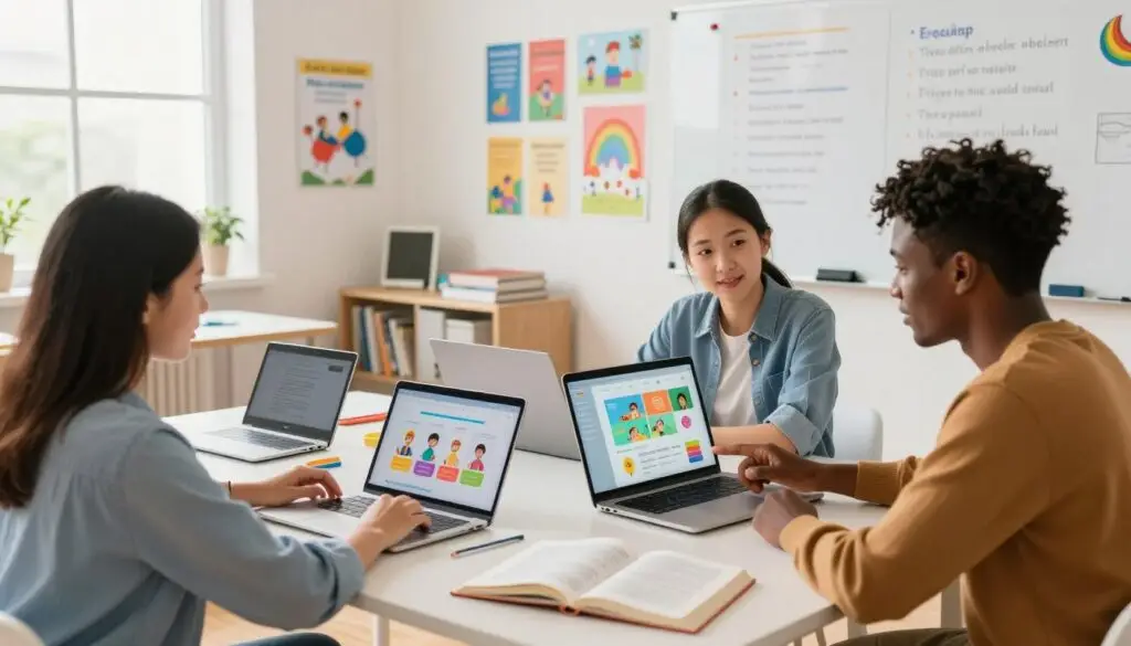 A modern home classroom filled with technology and educational tools, featuring a large desk with laptops, tablets, and open books, representing the support of technology in homeschooling. In the foreground, a diverse group of three individuals, dressed in smart casual attire, engage in a discussion, with one pointing at a laptop screen displaying a colorful, interactive educational platform. In the middle, a wall filled with educational posters and a whiteboard displaying learning goals. In the background, a window with bright natural light streaming in, creating a warm and inviting atmosphere. The scene should be well-lit, showcasing a sense of collaboration and innovation in the home education space, captured from a slightly elevated angle for a dynamic perspective.