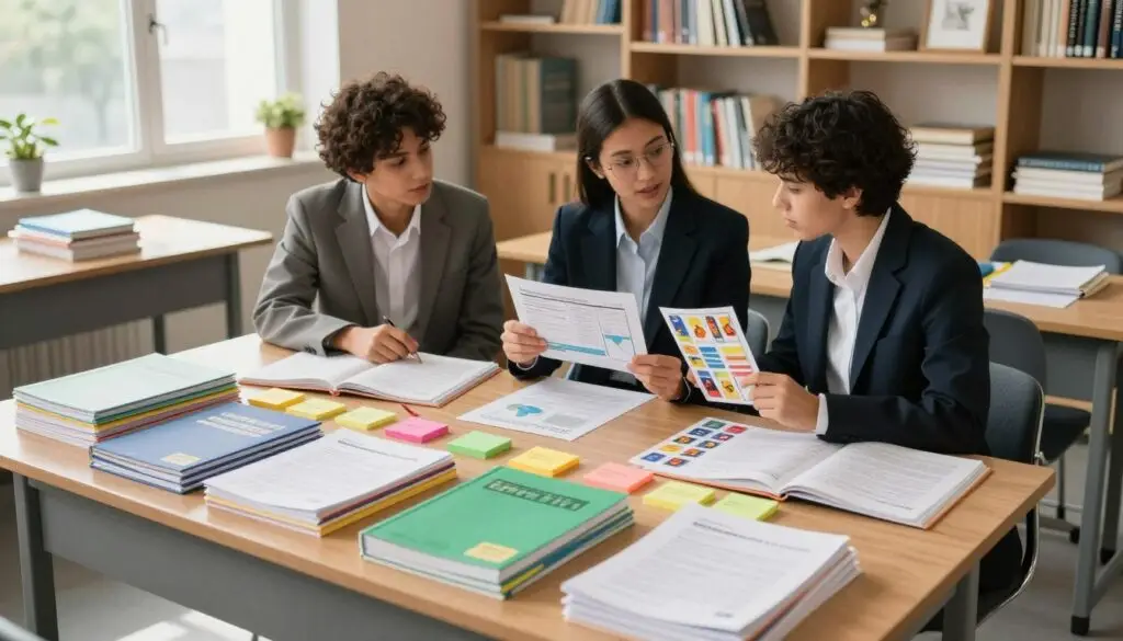 A modern, organized classroom scene depicting the concept of categorizing and chunking educational materials. In the foreground, a wooden desk is filled with neatly arranged subject folders and colorful sticky notes, symbolizing effective study techniques. In the middle, a diverse group of three students in professional attire are engaged in lively discussion around a table, examining charts and flashcards, representing collaboration in learning. In the background, bookshelves filled with textbooks and study guides create a scholarly atmosphere. Bright, natural light streams through large windows, casting soft shadows and enhancing the inviting environment. The overall mood is dynamic and focused, illustrating the importance of structured learning.
