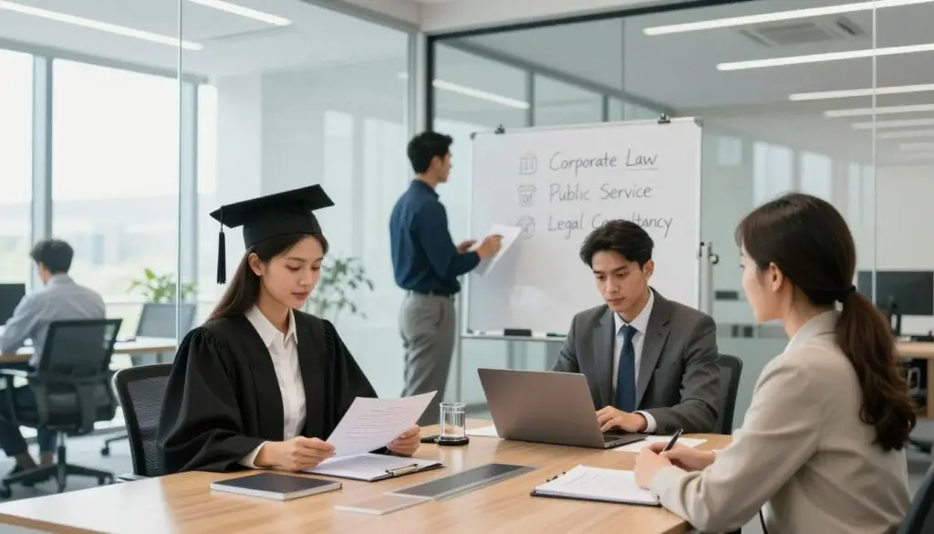A modern, professional office environment showcasing various career paths for law graduates. In the foreground, a diverse group of three individuals in business attire, including a female lawyer studying legal documents, a male consultant working on a laptop, and a woman interviewing a potential client. In the middle, a glass conference room featuring a whiteboard with career options like "Corporate Law," "Public Service," and "Legal Consultancy" written on it. In the background, tall windows with natural light streaming in, illuminating the space with a bright and hopeful atmosphere. The image conveys ambition and the possibilities following legal education, captured from a slightly elevated angle to give depth and perspective. A modern, professional office environment showcasing various career paths for law graduates. In the foreground, a diverse group of three individuals in business attire, including a female lawyer studying legal documents, a male consultant working on a laptop, and a woman interviewing a potential client. In the middle, a glass conference room featuring a whiteboard with career options like "Corporate Law," "Public Service," and "Legal Consultancy" written on it. In the background, tall windows with natural light streaming in, illuminating the space with a bright and hopeful atmosphere. The image conveys ambition and the possibilities following legal education, captured from a slightly elevated angle to give depth and perspective.