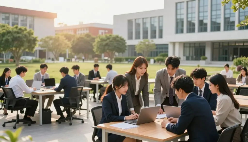 A modern university campus setting illustrating the concept of internships and practical training during studies. In the foreground, a diverse group of students in professional business attire are engaged in a collaborative discussion over a laptop, showcasing teamwork. The middle area features an office-like environment with desks and laptops, symbolizing a vibrant workplace atmosphere. In the background, greenery and modern university buildings add a sense of a conducive learning environment. Soft afternoon sunlight filters through large windows, casting a warm glow over the scene. The mood is inspiring and professional, reflecting the importance of practical experiences in education, emphasizing growth and collaboration. High resolution, vibrant colors, with a wide-angle perspective to capture the entire setting. A modern university campus setting illustrating the concept of internships and practical training during studies. In the foreground, a diverse group of students in professional business attire are engaged in a collaborative discussion over a laptop, showcasing teamwork. The middle area features an office-like environment with desks and laptops, symbolizing a vibrant workplace atmosphere. In the background, greenery and modern university buildings add a sense of a conducive learning environment. Soft afternoon sunlight filters through large windows, casting a warm glow over the scene. The mood is inspiring and professional, reflecting the importance of practical experiences in education, emphasizing growth and collaboration. High resolution, vibrant colors, with a wide-angle perspective to capture the entire setting.