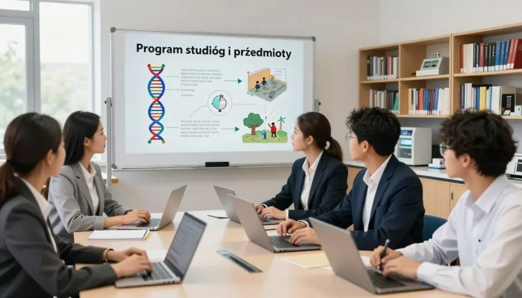 A modern university classroom setting focusing on "Program studiów i przedmioty" for the field of forensic biology. In the foreground, a group of diverse students, both male and female, are seated at tables, engaging in discussion, with notebooks and laptops open. They are dressed in professional business attire. In the middle ground, a large whiteboard displays diagrams related to forensic biology and criminalistics, including DNA analysis and crime scene investigation techniques. The background features shelves filled with textbooks and scientific equipment. Natural light streams in through windows, creating a bright and inviting atmosphere. The overall mood is focused and intellectually stimulating, capturing the essence of academic pursuit in the field of forensic studies. A modern university classroom setting focusing on "Program studiów i przedmioty" for the field of forensic biology. In the foreground, a group of diverse students, both male and female, are seated at tables, engaging in discussion, with notebooks and laptops open. They are dressed in professional business attire. In the middle ground, a large whiteboard displays diagrams related to forensic biology and criminalistics, including DNA analysis and crime scene investigation techniques. The background features shelves filled with textbooks and scientific equipment. Natural light streams in through windows, creating a bright and inviting atmosphere. The overall mood is focused and intellectually stimulating, capturing the essence of academic pursuit in the field of forensic studies.
