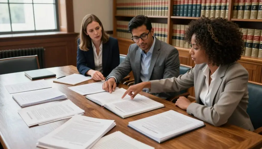 A parliamentary room filled with books and legal documents, representing the foundations of education law. In the foreground, a large wooden table is scattered with the Constitution and educational acts, open to sections discussing students' rights and responsibilities. In the middle, a diverse group of three professionals—a Caucasian woman in a smart suit, a Hispanic man in glasses, and a Black woman wearing business casual—are engaged in a discussion, pointing to the documents. The background features shelves lined with law books and a large window letting in soft, natural light, creating an inspiring and thoughtful atmosphere. The angle of the shot is slightly tilted from above, emphasizing the importance of the documents while conveying a sense of dynamic collaboration.