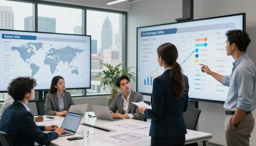 A polished office environment showcasing a diverse group of architects from various countries analyzing salary data on large digital screens. In the foreground, a confident female architect in a sleek suit studies a chart showcasing average salaries by country, while a male architect in a smart casual outfit gestures towards the data. The middle ground features a modern conference table with architectural blueprints and laptops, symbolizing the international collaboration. The background includes a large window with a skyline view of different architectural styles from around the world, under soft, natural lighting that creates an engaging atmosphere. The overall mood conveys professionalism and global connection, emphasizing the international comparison of architect salaries without any text or distractions.