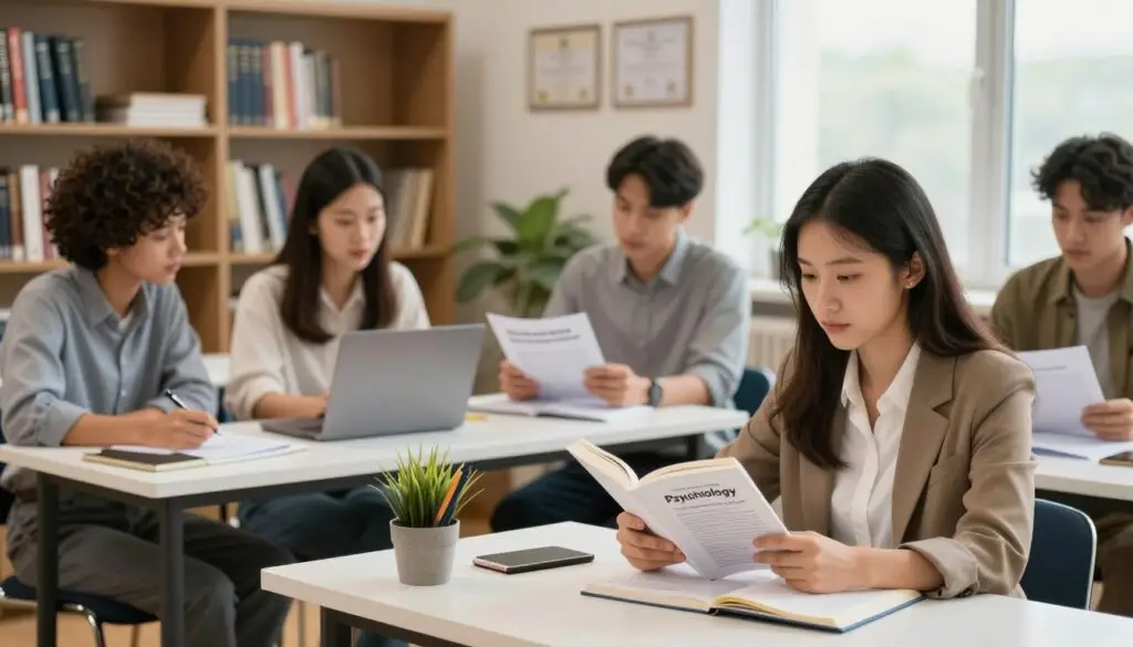 A professional and inviting study environment where a diverse group of individuals, dressed in business casual attire, are engaged in various stages of their journey to become psychologists. In the foreground, a thoughtful young woman is reading a psychology textbook, taking notes at a well-organized desk adorned with stationery and a small potted plant. In the middle ground, a pair of students are discussing their coursework over a laptop, while another person is reviewing a guide on postgraduate programs. The background features a bookshelf filled with psychology books and certificates hanging on the wall, creating a sense of academic achievement. Soft, natural lighting filters through a window, casting gentle shadows and creating a warm, motivating atmosphere. The angle is slightly elevated, providing a comprehensive view of the scene, reflecting a collaborative and academic spirit.