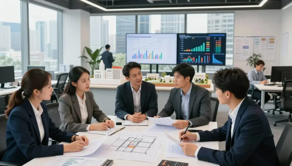 A professional architect's workspace, showcasing various factors influencing their salary. In the foreground, a diverse group of architects dressed in smart business attire engage in conversation while reviewing architectural plans and financial reports. The middle layer features a modern office setting with a large, well-lit conference table, architectural models, and digital screens displaying salary statistics and market trends. The background reveals a panoramic window with a city skyline, symbolizing opportunities and market demand. The lighting is bright and inviting, creating a productive atmosphere filled with collaboration and focus. The composition reflects professionalism, ambition, and the essence of the architecture industry.