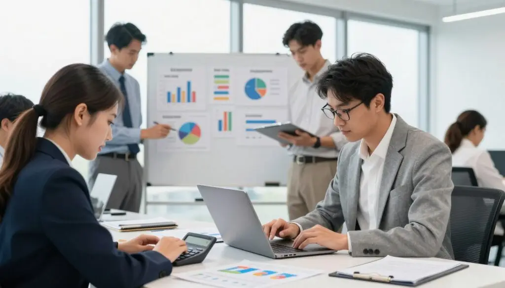 A professional office setting depicting a diverse group of individuals calculating vacation days based on different employment types. In the foreground, a young woman in business attire examines a calculator, while a man in glasses reviews a spreadsheet on a laptop. In the middle, a large whiteboard is filled with colorful charts and diagrams illustrating various employment categories (full-time, part-time, freelance). The background features a bright and modern office with large windows allowing natural light to flood the space, enhancing the collaborative atmosphere. The mood is focused and analytical, showcasing teamwork and professionalism in decision-making. The composition uses a dynamic angle to emphasize engagement among the team members without any text or distractions. A professional office setting depicting a diverse group of individuals calculating vacation days based on different employment types. In the foreground, a young woman in business attire examines a calculator, while a man in glasses reviews a spreadsheet on a laptop. In the middle, a large whiteboard is filled with colorful charts and diagrams illustrating various employment categories (full-time, part-time, freelance). The background features a bright and modern office with large windows allowing natural light to flood the space, enhancing the collaborative atmosphere. The mood is focused and analytical, showcasing teamwork and professionalism in decision-making. The composition uses a dynamic angle to emphasize engagement among the team members without any text or distractions.