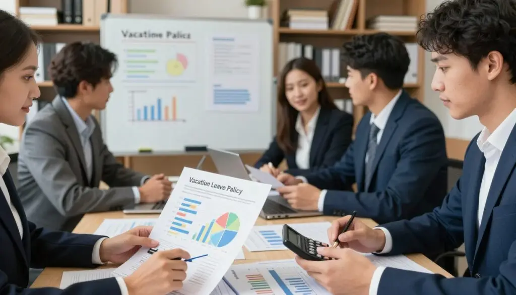 A professional office setting featuring a diverse group of individuals, including both men and women in smart business attire, engaged in a collaborative discussion around a large table. In the foreground, a close-up of hands holding calculations and charts related to vacation leave entitlements, with colorful graphs illustrating various scenarios of vacation days accrued after completing bachelor’s and master’s degrees. In the middle, a whiteboard filled with diagrams and notes about vacation leave policies. The background shows shelves filled with books and documents, creating an academic atmosphere. Soft, natural lighting softly illuminates the scene, capturing a serious yet inviting mood, emphasizing productivity and knowledge sharing. The angle should be slightly elevated, providing a comprehensive view of the discussion and materials. A professional office setting featuring a diverse group of individuals, including both men and women in smart business attire, engaged in a collaborative discussion around a large table. In the foreground, a close-up of hands holding calculations and charts related to vacation leave entitlements, with colorful graphs illustrating various scenarios of vacation days accrued after completing bachelor’s and master’s degrees. In the middle, a whiteboard filled with diagrams and notes about vacation leave policies. The background shows shelves filled with books and documents, creating an academic atmosphere. Soft, natural lighting softly illuminates the scene, capturing a serious yet inviting mood, emphasizing productivity and knowledge sharing. The angle should be slightly elevated, providing a comprehensive view of the discussion and materials.