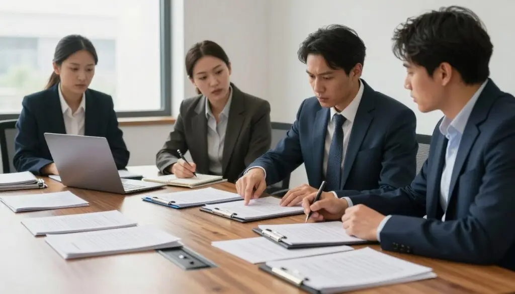 A professional office setting with a wooden conference table at the forefront, covered with neatly organized legal documents, binders, and a laptop displaying case files. In the middle ground, a diverse group of three individuals in professional business attire are engaged in focused discussion, with one person pointing at a document while others take notes. The background features a large window with natural light streaming in, illuminating the space and casting soft shadows. The atmosphere is serious yet collaborative, conveying a sense of urgency and organization. The overall color palette is warm with rich wood tones and soft blues, promoting a feeling of professionalism and focus. A professional office setting with a wooden conference table at the forefront, covered with neatly organized legal documents, binders, and a laptop displaying case files. In the middle ground, a diverse group of three individuals in professional business attire are engaged in focused discussion, with one person pointing at a document while others take notes. The background features a large window with natural light streaming in, illuminating the space and casting soft shadows. The atmosphere is serious yet collaborative, conveying a sense of urgency and organization. The overall color palette is warm with rich wood tones and soft blues, promoting a feeling of professionalism and focus.