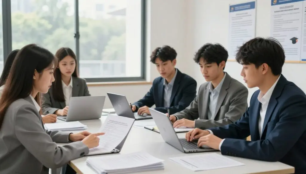 A professional setting featuring a group of diverse students, all dressed in smart business attire, engaged in a collaborative discussion around a large table stacked with papers and laptops. The foreground shows a young woman pointing at a document, while the middle shows a young man taking notes, and another student studying a laptop screen. In the background, a large window allows natural light to flood the room, casting soft shadows and creating an inviting atmosphere. The walls are adorned with educational posters about graduation requirements. A calm, focused mood permeates the scene, representing the seriousness and importance of submitting graduation declarations. The image should be well-lit, emphasizing clarity and engagement between the subjects, with a wide-angle view to capture the collaborative spirit of this pivotal moment in their academic journey. A professional setting featuring a group of diverse students, all dressed in smart business attire, engaged in a collaborative discussion around a large table stacked with papers and laptops. The foreground shows a young woman pointing at a document, while the middle shows a young man taking notes, and another student studying a laptop screen. In the background, a large window allows natural light to flood the room, casting soft shadows and creating an inviting atmosphere. The walls are adorned with educational posters about graduation requirements. A calm, focused mood permeates the scene, representing the seriousness and importance of submitting graduation declarations. The image should be well-lit, emphasizing clarity and engagement between the subjects, with a wide-angle view to capture the collaborative spirit of this pivotal moment in their academic journey.
