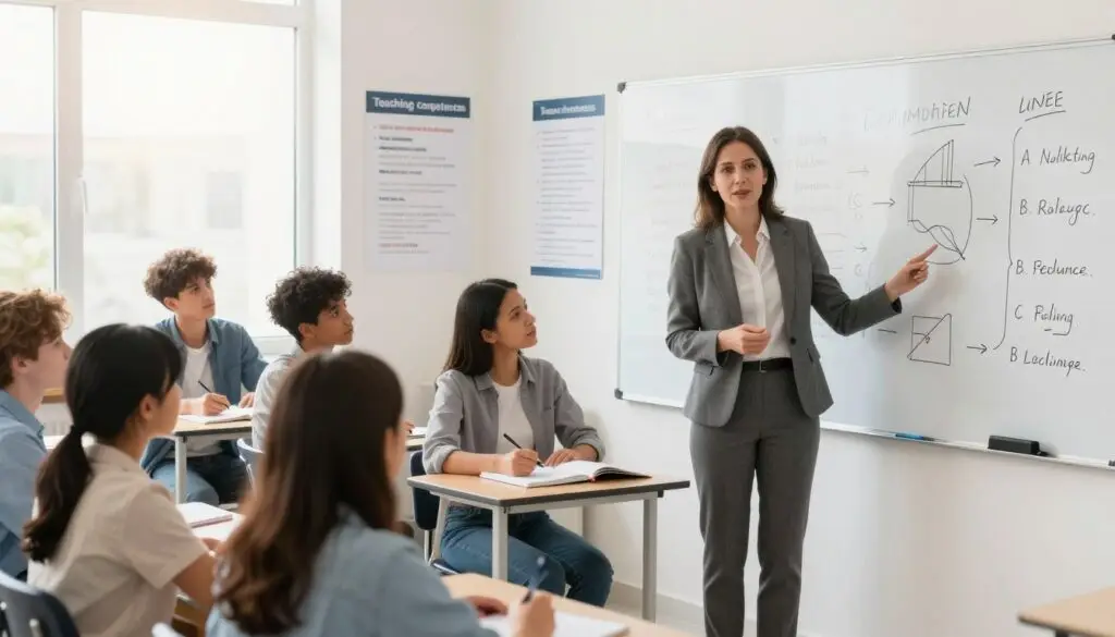 A professional teacher in a modern classroom, standing confidently in front of a whiteboard filled with educational diagrams and notes. The foreground features the teacher, a middle-aged woman wearing professional business attire, actively engaging students. In the middle ground, diverse students, focused and taking notes, represent various ages and backgrounds, showcasing teamwork and collaboration. The background includes educational posters about teaching competencies and specializations, with soft sunlight filtering through large windows, creating a warm and inviting atmosphere. The image is crisp and clear, capturing a moment of interaction that embodies dedication and professionalism in teaching. The mood is inspiring and encouraging, reflecting the journey to becoming a competent educator.