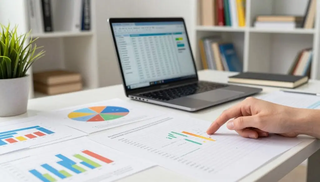 A professional workspace featuring a large desk filled with colorful charts and graphs representing analysis of eighth-grade exam results categorized by subjects. In the foreground, a close-up view of a hand pointing at a detailed chart, highlighting the performance in subjects like Mathematics, Polish, and English. In the middle, a laptop displaying an open spreadsheet, with data visualizations and statistics. The background shows a well-organized bookshelf filled with educational materials and a potted plant for a touch of greenery. Soft, natural lighting illuminates the scene, creating a calm and focused atmosphere. The angle captures the action of analyzing results, emphasizing diligence and professionalism in the educational field.