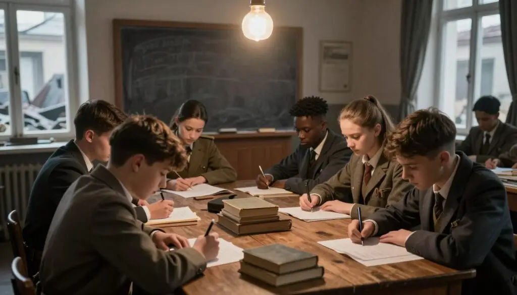 A secretive classroom setup during World War II, showcasing a clandestine education scene. In the foreground, a group of diverse students, dressed in modest clothing, huddled around a wooden table with books and papers spread out. Each student focused intently on their studies, embodying determination. The middle ground features an old-fashioned chalkboard, dimly lit by a single overhead bulb, casting soft shadows that enhance the atmosphere of secrecy. In the background, partially drawn curtains reveal an outside glimpse of a war-torn street, hinting at the dangers beyond. The overall mood is somber yet resilient, reflecting the struggle for knowledge during turbulent times. Use soft natural lighting to convey an intimate, emotionally charged ambiance. A secretive classroom setup during World War II, showcasing a clandestine education scene. In the foreground, a group of diverse students, dressed in modest clothing, huddled around a wooden table with books and papers spread out. Each student focused intently on their studies, embodying determination. The middle ground features an old-fashioned chalkboard, dimly lit by a single overhead bulb, casting soft shadows that enhance the atmosphere of secrecy. In the background, partially drawn curtains reveal an outside glimpse of a war-torn street, hinting at the dangers beyond. The overall mood is somber yet resilient, reflecting the struggle for knowledge during turbulent times. Use soft natural lighting to convey an intimate, emotionally charged ambiance.