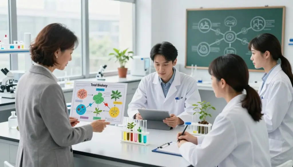 A serene and focused laboratory scene showcasing practical applications of Total Biology, with a diverse group of professionals engaged in discussions. In the foreground, a middle-aged woman in business attire consults a colorful diagram representing various biological theories. In the middle, a younger male scientist analyzes data on a tablet, surrounded by test tubes and plants symbolizing nature's healing aspects. The background features a large window with natural light streaming in, illuminating a chalkboard filled with interconnected concepts of health and disease. The atmosphere is collaborative and innovative, emphasizing the integration of practical biology in real-world settings. The image is captured with a slightly elevated angle, providing a comprehensive view of the scene while maintaining a clean and organized appearance.