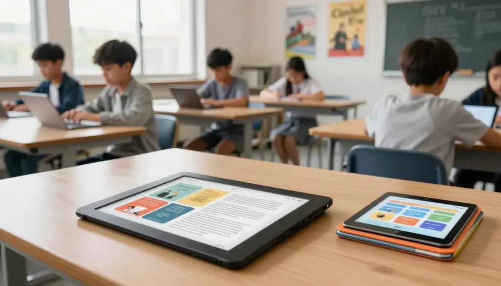A serene modern classroom setting filled with enthusiasm for digital learning. In the foreground, a wooden desk displays an open e-reader with vibrant graphics of e-textbooks and e-readings on the screen. Beside it, a stack of colorful digital tablets showcases educational apps. In the middle ground, students, dressed in smart casual clothing, engage with their own devices, absorbed in their studies. The background features a large window, allowing soft, natural light to illuminate the space, creating a warm and inviting atmosphere. The walls are adorned with posters of famous literary works and educational themes. The overall mood conveys enthusiasm and innovation in education, highlighting the transition to digital learning resources, all captured from a slightly elevated angle to provide depth.