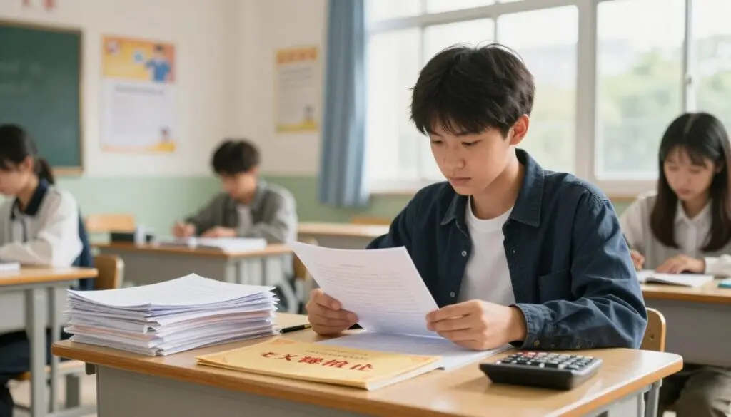A serene school environment, capturing the essence of meeting specific criteria for exemption from the eighth-grade exam. In the foreground, a well-organized desk with a neatly stacked pile of school documents, a golden "exemption" certificate partially visible, surrounded by stationery like pens and a calculator. In the middle ground, a student in smart casual attire thoughtfully reviewing the documents, with a look of determination and focus. In the background, a bright classroom filled with motivational posters about academic success, large windows allowing natural sunlight to illuminate the scene, creating a warm and encouraging atmosphere. The overall mood is hopeful and aspirational, emphasizing achievement and educational opportunities. The image should be clear and inviting, with soft lighting highlighting the main subjects.