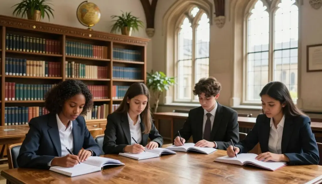 A serene study environment showcasing students preparing for the University of Cambridge entrance exams. In the foreground, a diverse group of three students of various backgrounds, sitting at a polished wooden table, dressed in professional business attire, focused on textbooks and notes. In the middle, a large, ornate bookshelf filled with classic literature and academic texts, with a vintage globe and potted plants adding warmth. The background features elegant university architecture through tall, arched windows, allowing soft, natural light to stream in, creating a calm and inspiring atmosphere. The scene conveys determination and aspiration, with a sense of scholarly elegance and history. The image should be captured with a slightly elevated angle, emphasizing both the students and the backdrop of the iconic university.