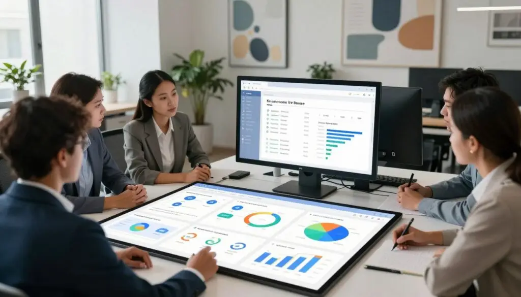 A sleek and modern digital workspace showcasing the personalization of a knowledge base interface. In the foreground, a diverse group of professionals, dressed in business attire, collaborate around a large touchscreen table displaying customizable knowledge base features, colorful icons, and vibrant graphs. In the middle, a large monitor features dynamic charts and user-friendly menus that reflect personalized user preferences. The background reveals a spacious, well-lit office environment with abstract art on the walls and potted plants providing a touch of nature. Soft, diffused lighting enhances the inviting atmosphere, and the angle captures the interaction among the team, emphasizing collaboration and innovation in optimizing content for user needs.