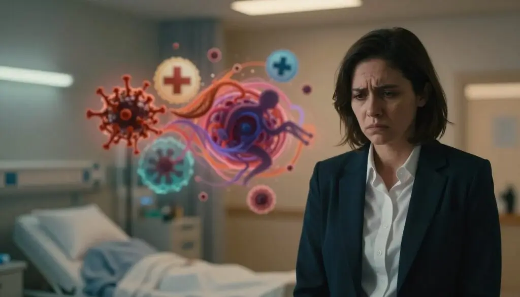 A surreal depiction of an emotional conflict caused by illness, illustrating the key concepts of Total Biology. In the foreground, a somber figure in professional business attire stands with a conflicted expression, representing inner turmoil. In the middle, a swirling mixture of vibrant and muted colors symbolizes the clash of emotions, intertwined with abstract representations of disease, like blurred medical symbols and shadowy figures. The background features a dimly lit, softly blurred hospital setting, creating a sense of isolation and tension. Warm, diffused lighting casts gentle shadows, enhancing the mood of introspection and tension. The overall atmosphere is one of grappling with profound emotional struggles associated with health conflicts.