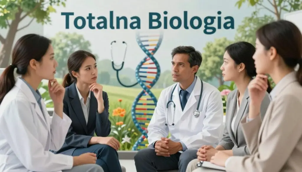 A thought-provoking visual representation of the concept "Totalna Biologia" contrasted with traditional medicine. In the foreground, a thoughtful, diverse group of professionals (a female doctor, a male biologist, and a female psychologist) engages in a discussion, dressed in smart business attire. The middle ground features symbolic imagery: a DNA helix intertwined with a stethoscope, representing the merging of biological sciences with traditional medical practices. The background shows a serene landscape of a hospital juxtaposed with vibrant natural elements like trees and flowers, symbolizing the holistic approach of Totalna Biologia. Soft natural lighting enhances the scene, creating an atmosphere of curiosity and debate. The angle captures the group in profile, allowing viewers to focus on their expressions of contemplation and discussion.