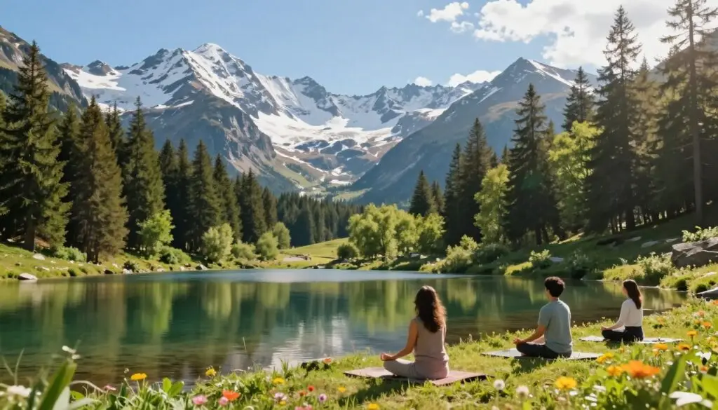 A tranquil mountain landscape showcasing the influence of alpine climate on health and well-being. In the foreground, a serene mountain lake reflects the surrounding peaks, with healthy individuals engaged in calming activities like meditation and yoga on the shore, dressed in modest casual clothing. The middle ground features lush green pine forests and vibrant wildflowers, while snowy mountain caps rise majestically in the background, under a bright, clear blue sky. Soft, warm sunlight filters through the trees, casting gentle shadows and creating a peaceful atmosphere. The image should evoke a sense of tranquility, wellness, and the refreshing energy of mountain air, inviting viewers to appreciate the health benefits of the alpine environment. A tranquil mountain landscape showcasing the influence of alpine climate on health and well-being. In the foreground, a serene mountain lake reflects the surrounding peaks, with healthy individuals engaged in calming activities like meditation and yoga on the shore, dressed in modest casual clothing. The middle ground features lush green pine forests and vibrant wildflowers, while snowy mountain caps rise majestically in the background, under a bright, clear blue sky. Soft, warm sunlight filters through the trees, casting gentle shadows and creating a peaceful atmosphere. The image should evoke a sense of tranquility, wellness, and the refreshing energy of mountain air, inviting viewers to appreciate the health benefits of the alpine environment.