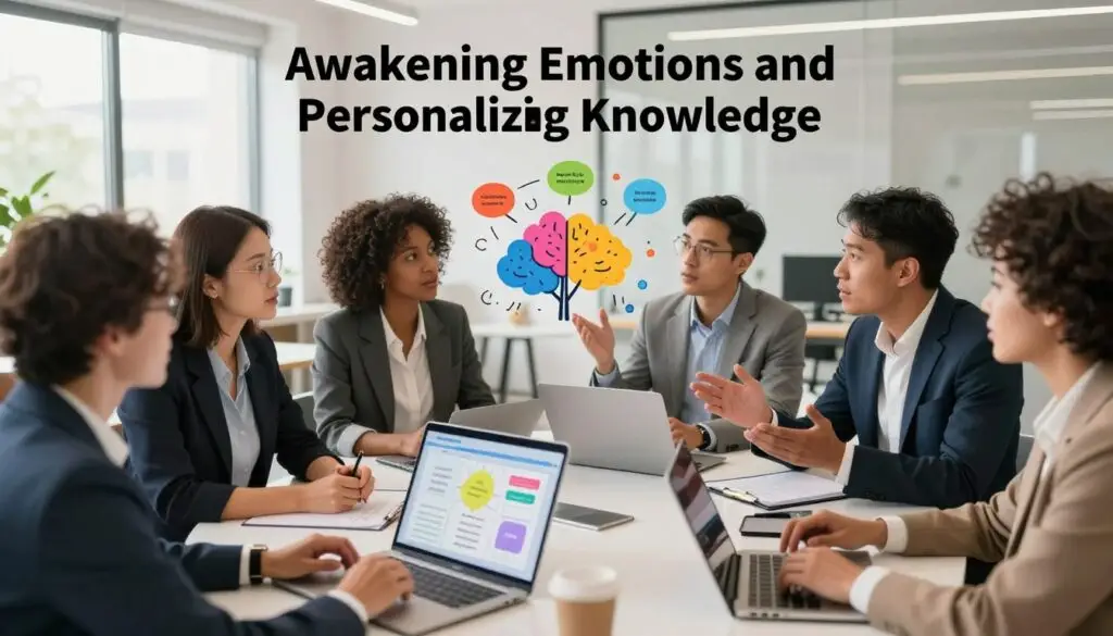 A vibrant and dynamic scene depicting the concept of "Awakening Emotions and Personalizing Knowledge." In the foreground, a diverse group of professionals of varied ethnicities, dressed in smart business attire, engage in a passionate discussion, their expressions illustrating curiosity and enthusiasm. In the middle ground, visualize interactive elements, such as colorful mind maps and digital learning tools that symbolize personalized education. The background showcases a modern, well-lit workspace with large windows allowing soft natural light to flood the room, emphasizing a warm and inviting atmosphere. The composition should evoke a sense of inspiration and focus, encouraging lifelong learning and emotional engagement. The angle should be slightly elevated, capturing both the group’s interactions and the innovative learning environment.