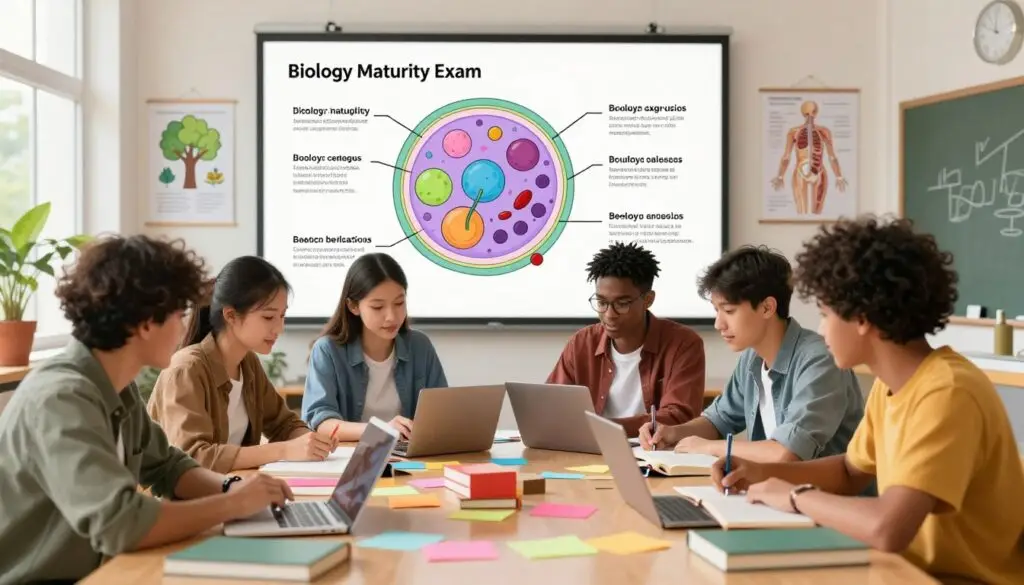 A vibrant and informative illustration showcasing the essential changes and innovations in the biology maturity exam. In the foreground, depict a diverse group of students studying together at a cluttered table filled with biology textbooks, colorful notes, and digital devices. In the middle ground, display a large, clear diagram of a cell with labeled parts, emphasizing new topics covered in the exam, while educational posters of ecosystems and anatomy hang on the walls. The background features a bright classroom setting with a large window allowing natural light to stream in, creating a positive and focused atmosphere. Use a warm color palette to evoke a sense of enthusiasm and engagement with the subject matter. The image should be professional and visually appealing, free from any text or distractions.