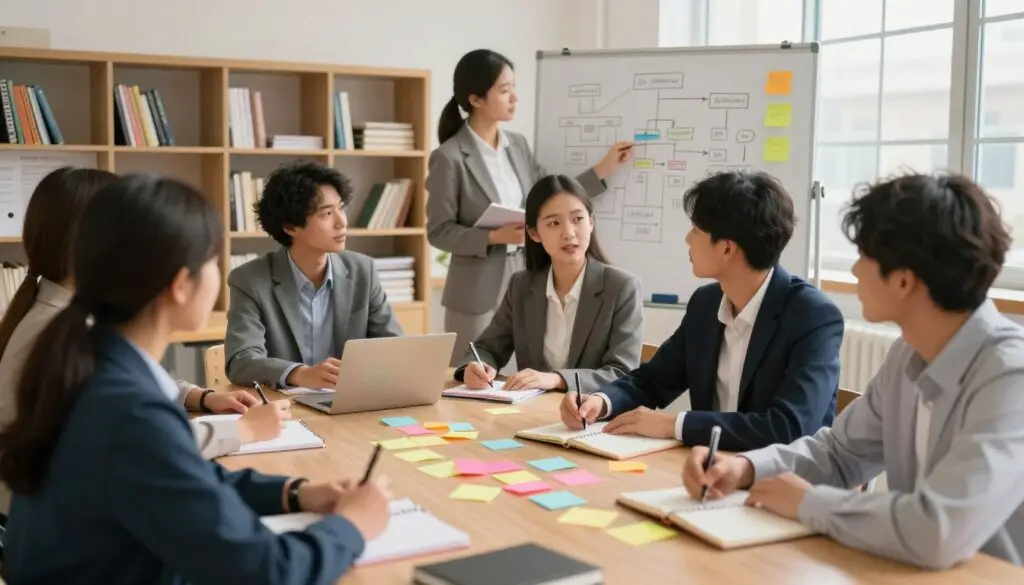 A vibrant classroom scene showcasing active learning methods. In the foreground, a diverse group of students engaged in interactive discussions, taking notes on colorful sticky notes. Each student wears professional business attire, focused and enthusiastic. In the middle ground, a teacher facilitates a group activity, using a whiteboard filled with mind maps and flowcharts. The background features shelves filled with books and educational materials, with sunlight streaming through the windows, creating a warm and inviting atmosphere. Soft, diffused lighting enhances the collaborative mood, while the angle captures an immersive perspective, drawing viewers into the dynamic learning environment.