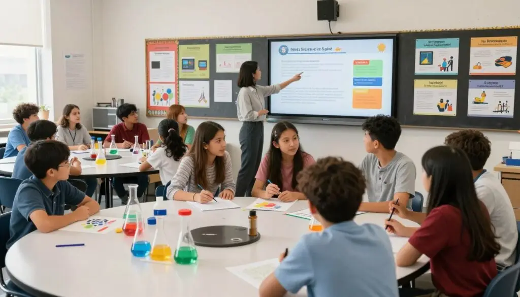 A vibrant classroom scene showcasing the expansion of educational offerings for grades 7-8. In the foreground, a diverse group of students engaged in various activities: one group discusses a science project with lab materials, another is exploring art supplies, and a pair of students are engaged in a lively debate at a round table. The middle ground features a teacher interacting with students, pointing at a digital screen that displays exciting new curriculum options. In the background, colorful posters highlighting subjects like technology, languages, and arts decorate the walls, creating an inspiring atmosphere. The lighting is bright and inviting, capturing a sense of enthusiasm and curiosity, with a wide-angle view that emphasizes the collaborative environment of learning.