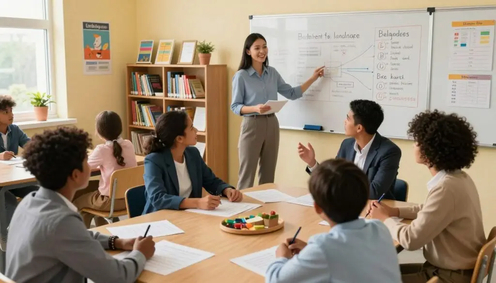 A vibrant classroom setting showcasing key aspects of foreign language teaching in schools. In the foreground, a diverse group of enthusiastic students, engaged in a lively discussion around a table covered with language learning materials, each student of different ethnic backgrounds in professional attire. In the middle ground, a teacher stands confidently by a whiteboard filled with interesting language charts and vocabulary, using an interactive approach, facilitating the learning process. The background features bookshelves filled with language books and educational posters on the walls. The lighting is warm and inviting, with natural light streaming in through large windows, creating an inspiring and motivating atmosphere that fosters collaboration and creativity. The angle is slightly elevated, capturing the dynamic energy of the classroom environment.
