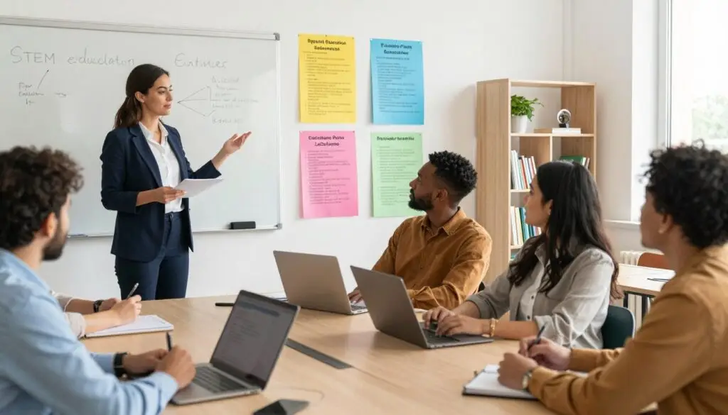 A vibrant educational setting featuring a diverse group of teachers engaging in a dynamic workshop. In the foreground, a well-dressed female instructor stands at a whiteboard, leading a discussion on specialized teacher education paths. Surrounding her, a mix of male and female educators, reflecting different ethnicities, collaborate, exchanging ideas and taking notes with notepads and laptops. In the middle ground, posters of various teaching specializations hang on the walls, showcasing subjects like STEM, special education, and language arts. The background reveals a sunlit classroom filled with bookshelves and educational materials. Soft, natural lighting enhances the welcoming atmosphere, creating a sense of inspiration and professionalism, inviting viewers into the world of teacher education paths.