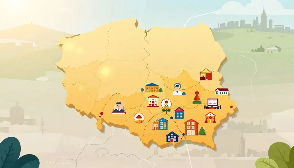 A vibrant, illustrated map of Poland highlighting various regional psychological and educational consultancy centers. In the foreground, include detailed icons symbolizing different types of counseling services, such as a friendly therapist's office, a school, and community support buildings. The middle ground should display clusters of these icons connected by dotted lines, depicting their regional distribution. In the background, show a muted silhouette of the Polish landscape, including hills and urban elements, symbolizing growth and support. Use warm, inviting colors to create a hopeful and approachable atmosphere. The lighting should be soft and natural, suggesting a calm and reassuring environment. Use a wide-angle perspective to provide an expansive view of this regional landscape.