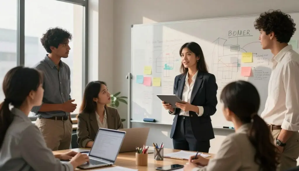A vibrant office setting showcases a diverse group of young professionals engaged in a collaborative work environment. In the foreground, a confident woman in smart business attire presents her ideas on a digital tablet to a group of attentive colleagues, who are dressed in professional clothing. The middle ground features a large whiteboard filled with notes and colorful diagrams, illustrating the brainstorming process. In the background, large windows allow natural light to flood the space, casting shadows that add depth to the scene. The atmosphere is one of innovation and teamwork, highlighting the essential role of internships in career development. The image captures a moment of inspiration and growth, emphasizing collaboration and professional advancement. The lighting is warm and inviting, with a focus on creativity and productivity. A vibrant office setting showcases a diverse group of young professionals engaged in a collaborative work environment. In the foreground, a confident woman in smart business attire presents her ideas on a digital tablet to a group of attentive colleagues, who are dressed in professional clothing. The middle ground features a large whiteboard filled with notes and colorful diagrams, illustrating the brainstorming process. In the background, large windows allow natural light to flood the space, casting shadows that add depth to the scene. The atmosphere is one of innovation and teamwork, highlighting the essential role of internships in career development. The image captures a moment of inspiration and growth, emphasizing collaboration and professional advancement. The lighting is warm and inviting, with a focus on creativity and productivity.