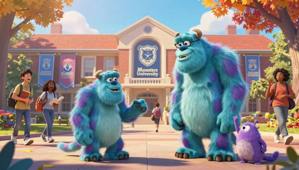 A vibrant university campus scene set at the fictional "Monsters University," showcasing a diverse group of monster students engaging with one another. In the foreground, a friendly, furry blue monster is animatedly discussing with a tall, green reptilian character who wears glasses. To the side, a small purple creature is enthusiastically raising its hand, eager to participate. The middle ground reveals a classic university building adorned with banners showcasing monster school pride, while excited students walk around carrying books and backpacks. The background features whimsical trees and colorful autumn leaves, creating a joyful and inviting atmosphere. The image is bathed in warm, golden sunlight, giving an uplifting and inspirational mood, shot with a wide-angle lens to capture the lively scene.