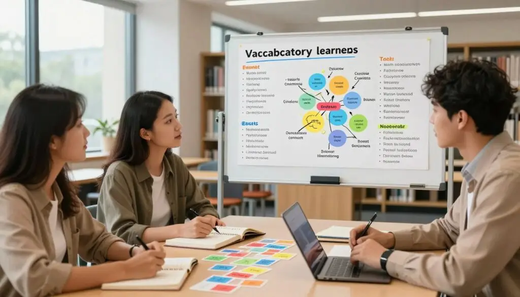 A visually engaging study scene showcasing practical methods for vocabulary learning. In the foreground, a diverse group of three individuals (two women, one man) are actively engaged in a lively discussion around a table, adorned with flashcards, notebooks, and digital devices. They are dressed in smart casual attire, reflecting a professional yet approachable atmosphere. In the middle ground, a large whiteboard displays colorful diagrams and vocabulary lists, highlighting various learning techniques like word association and context usage. The background features a bright, modern library with soft natural light filtering through large windows, creating a warm and inspiring ambiance. The overall mood should be collaborative and motivating, ideal for enhancing language skills.